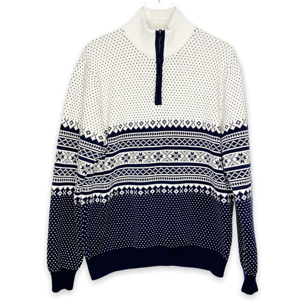 Tommy Hilfiger Cotton Cream And Navy Sweater 1/4 Zip Size XL